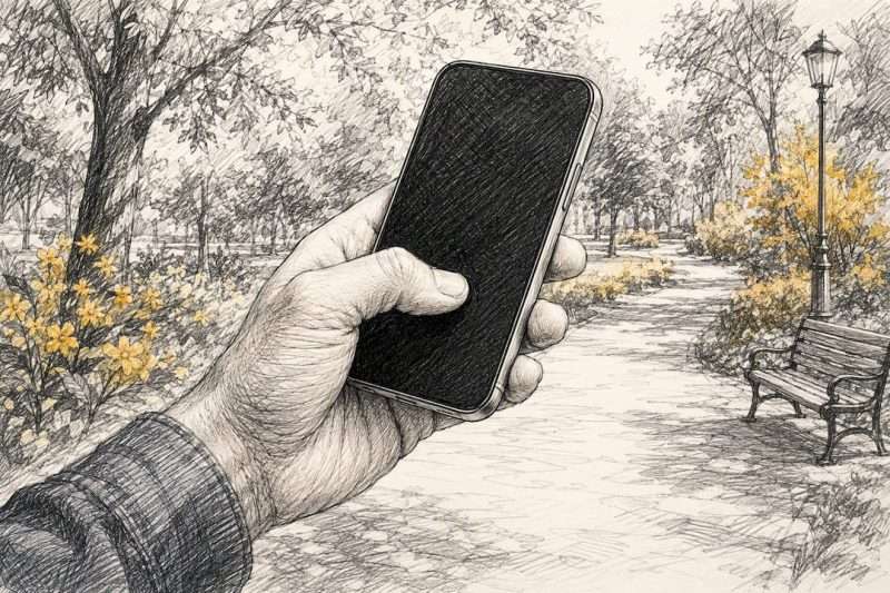 Hand holding smartphone, thumb on screen