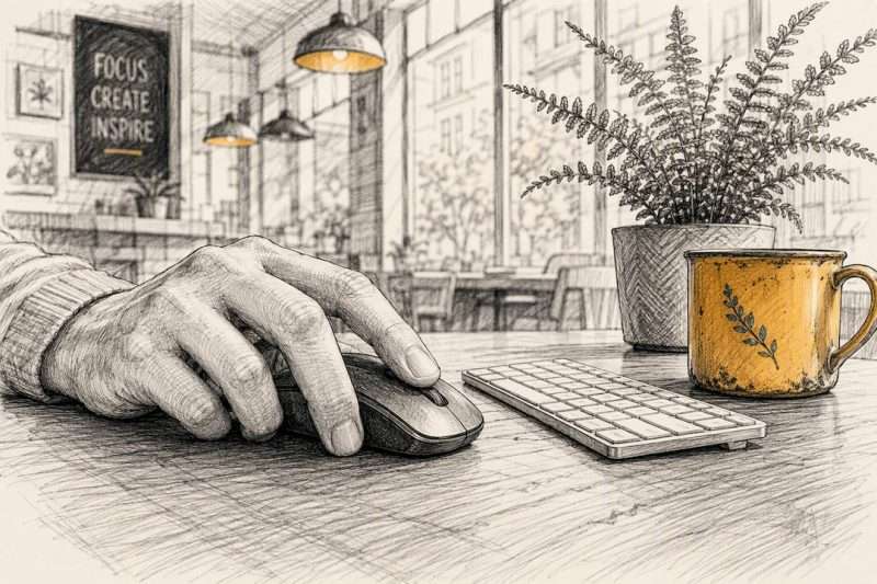 Hand clicking mouse on desk next to keyboard